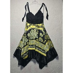 Signature by Sangria Yellow Black Medallion Handkerchief Hem Midi Dress 10